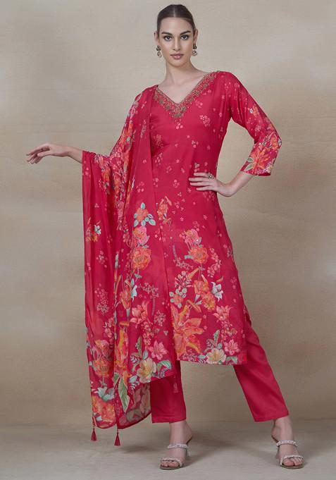 Pink Embellished Kurta Set With Printed Dupatta And Pants