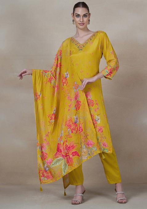 Yellow Embellished Kurta Set With Printed Dupatta And Pants