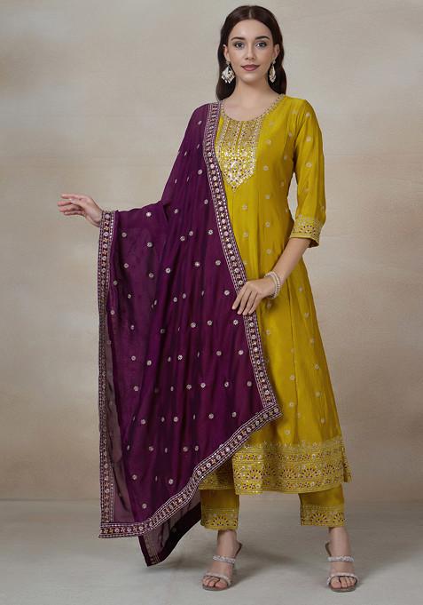 Yellow Floral Embroidered Anarkali Kurta Set With Pants And Purple Dupatta