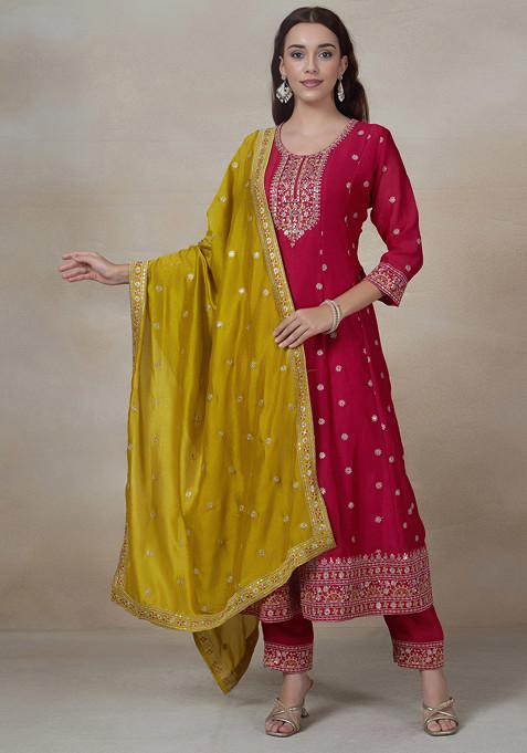 Pink Floral Embroidered Anarkali Kurta Set With Pants And Dupatta