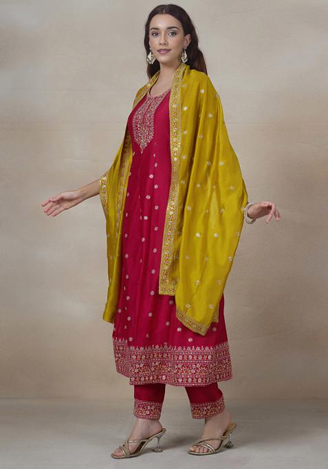 Pink Floral Chiffon Anarkali Kurta Set With Dupatta main image 0