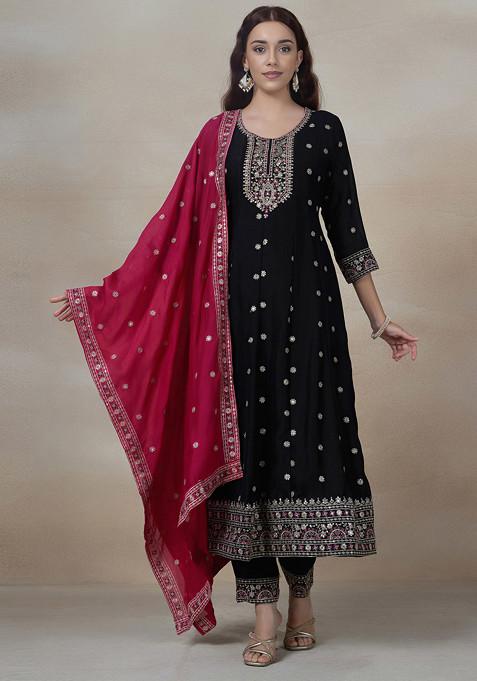 Black Floral Embroidered Anarkali Kurta Set With Pants And Pink Dupatta