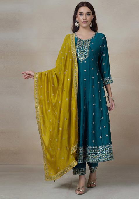 Turquoise Blue Floral Embroidered Anarkali Kurta Set With Pants And Dupatta