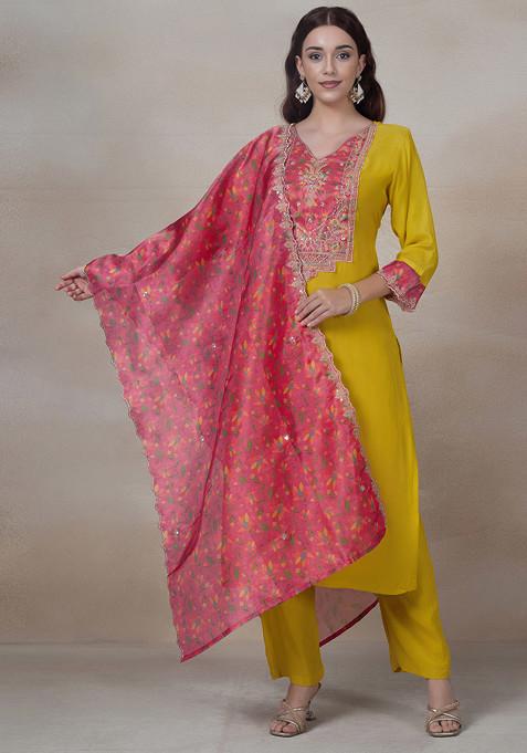 Yellow Floral Bead Embellished Kurta Set With Pants And Printed Dupatta