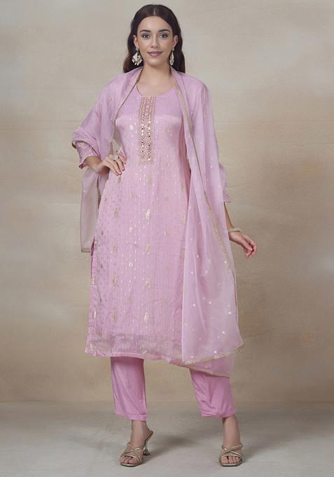 Pink Embellished Kurta Set With Pants And Dupatta