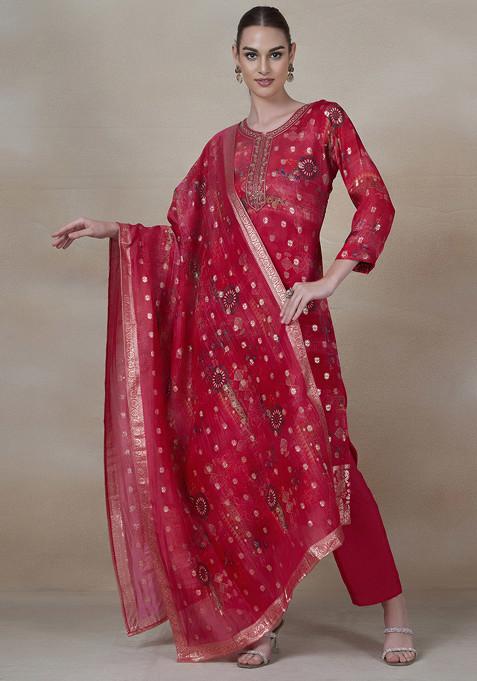 Red Embroidered Kurta Set With Brocade Dupatta And Pants