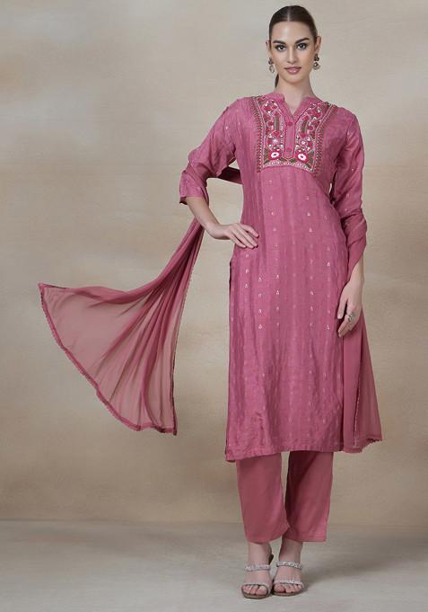 Peach Floral Sequin Embellished Kurta Set With Pants And Dupatta