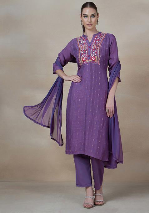 Purple Floral Embroidered Embellished Kurta Set With Pants And Dupatta