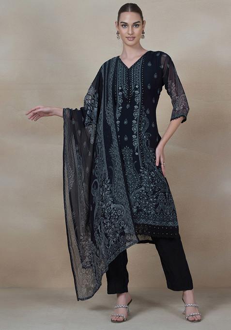 Black Printed Kurta Set With Printed Dupatta And Pants