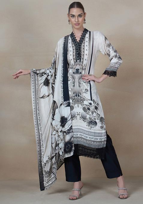 White Printed Kurta Set With Printed Dupatta And Pants