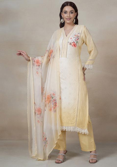 Yellow Embroidered Kurta Set With Printed Dupatta And Pants