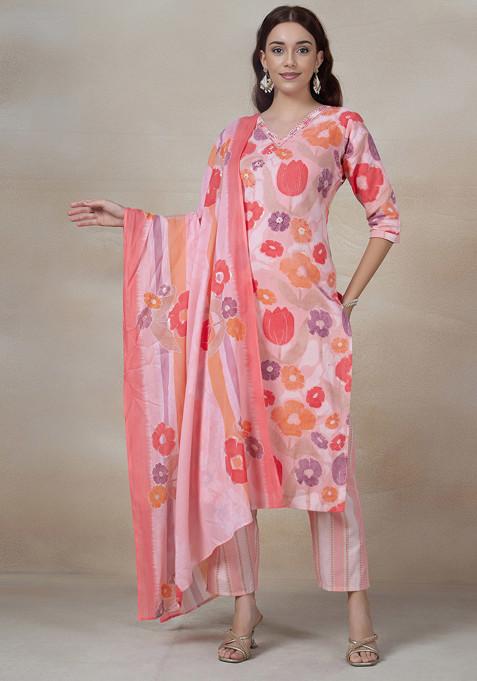 Peach Embellished Kurta Set With Printed Dupatta And Pants