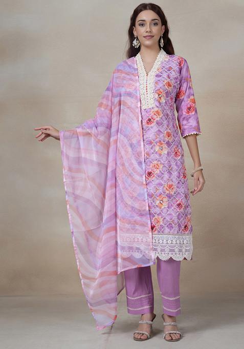 Purple Embroidered Kurta Set With Pants And Printed Dupatta