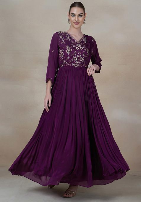 Purple Floral Cutdana Sequin Embellished Anarkali Kurta Set With Belt