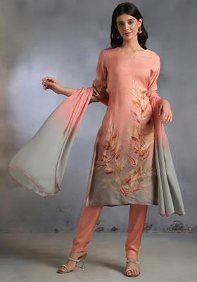 Pink Floral Print Sequin Kurta Set With Pants And Dupatta