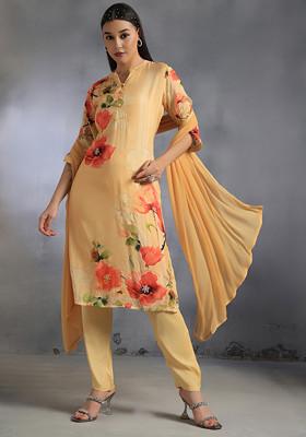Yellow Floral Print Kurta Set With Pants And Dupatta