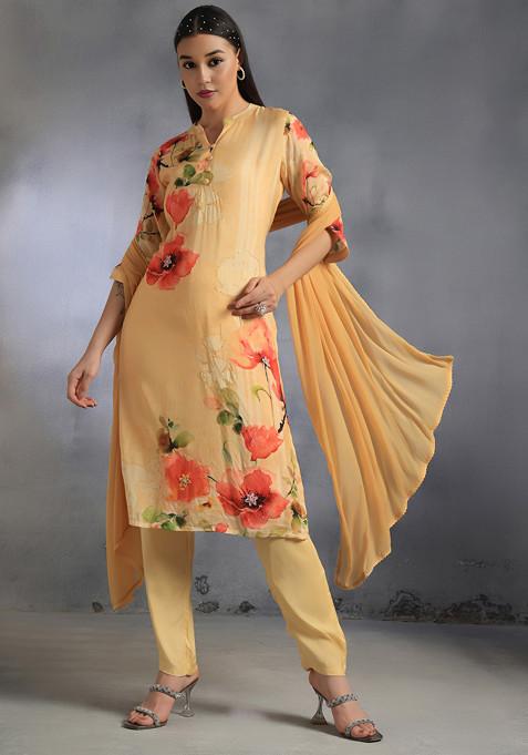 Yellow Floral Print Kurta Set With Pants And Dupatta