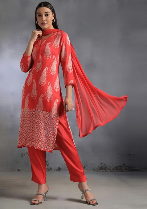 Red Floral Print Kurta Set With Pants And Dupatta