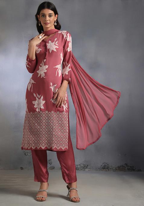 Lavender Floral Print Kurta Set With Pants And Dupatta