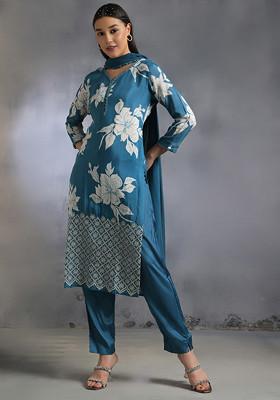 Blue Floral Print Kurta Set With Pants And Dupatta