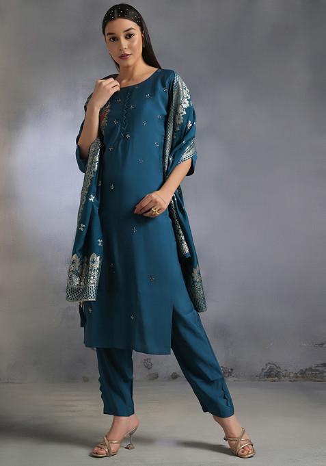 Teal Blue Sequin Embellished Kurta Set With Pants And Brocade Dupatta