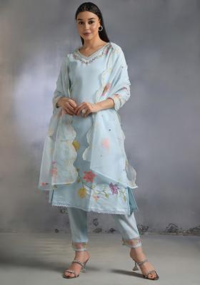 Turquoise Blue Floral Embroidered Kurta Set With Pants And Dupatta