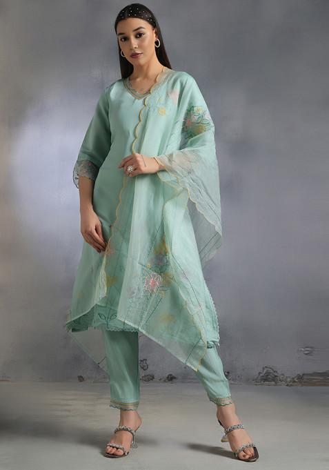 Green Floral Zari Embroidered Kurta Set With Pants And Dupatta