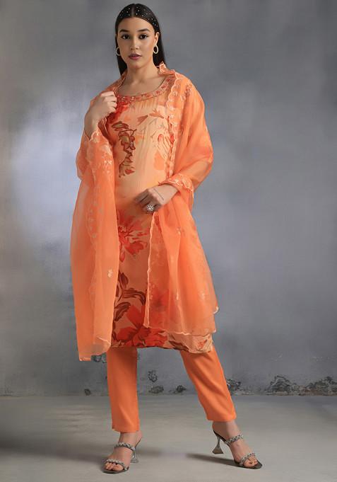 Orange Floral Cutdana Embellished Kurta Set With Pants And Embellished Dupatta