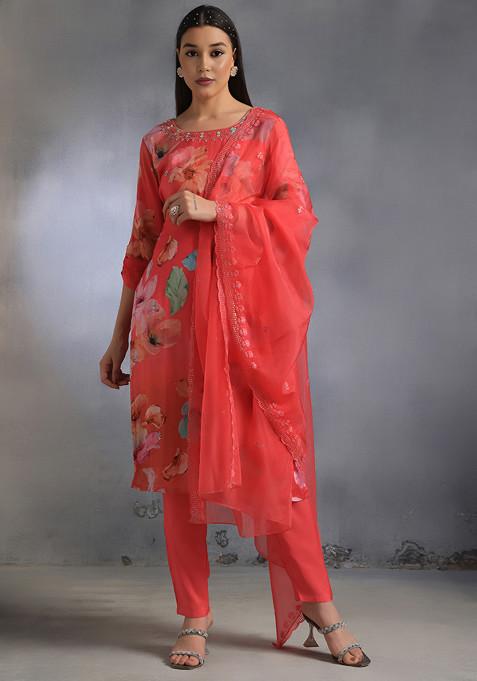 Pink Floral Cutdana Embellished Kurta Set With Pants And Embellished Dupatta