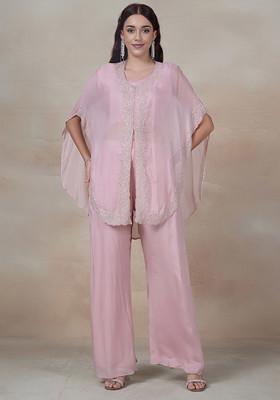 Pink Embellished Jacket Set With Blouse And Pants