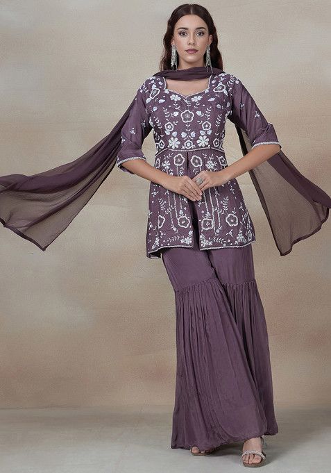 Brown Embellished Kurta Set With Pants And Dupatta