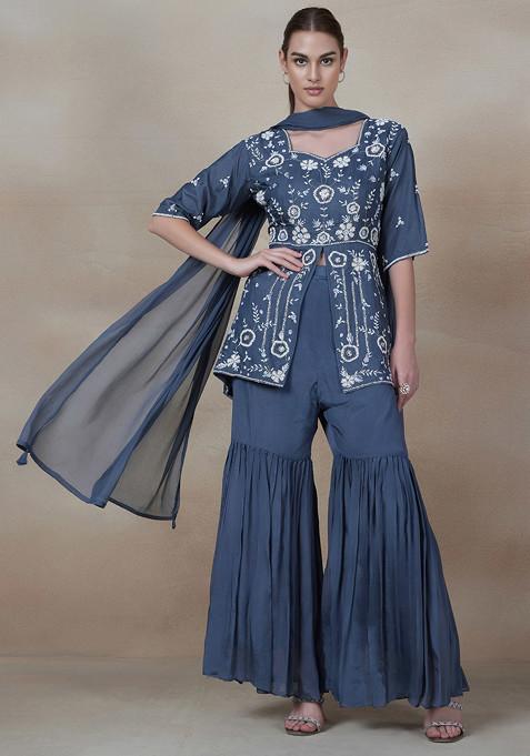 Grey Sharara Set With Embellished Kurta And Pants