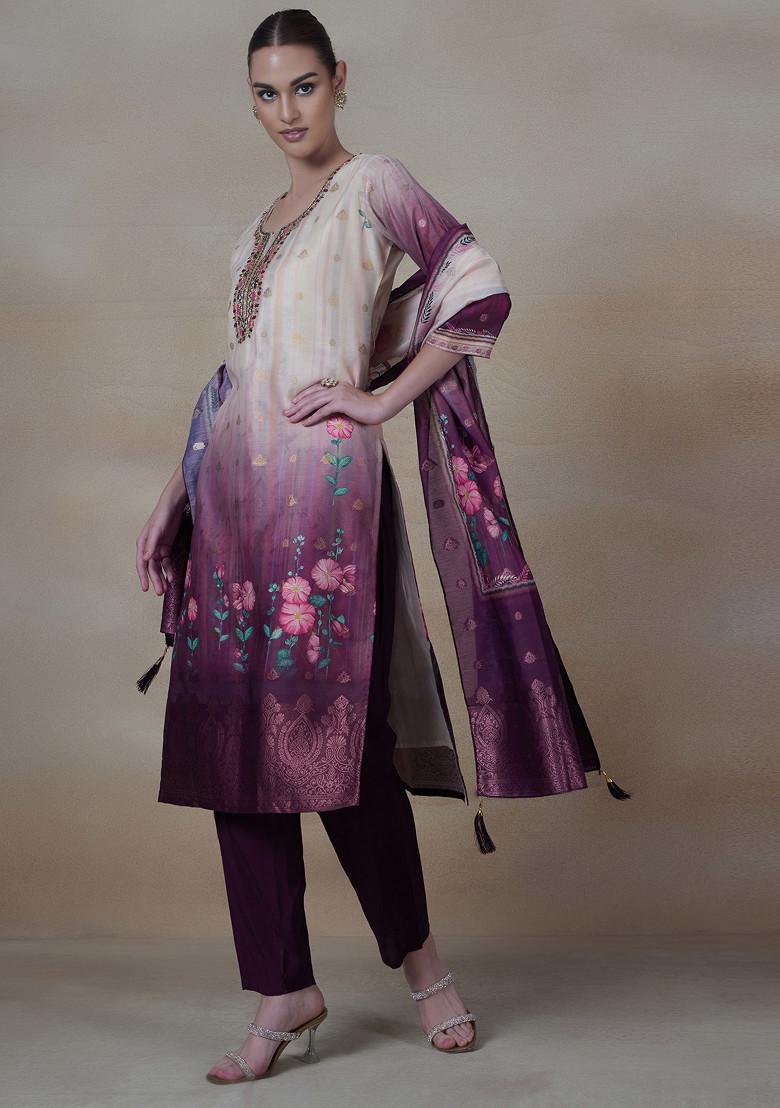 Beige And Purple Ombre Floral Print Kurta Set With Pants And Printed Dupatta