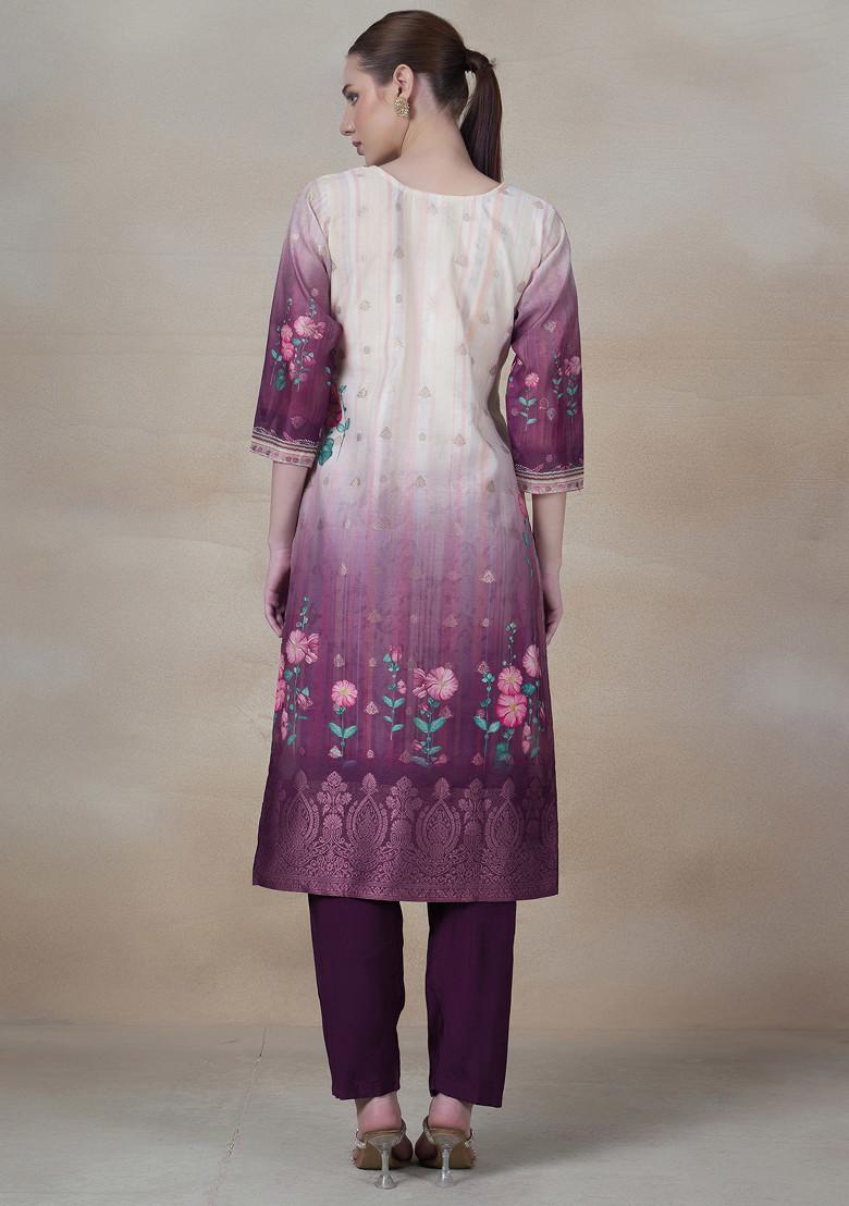 Beige And Purple Ombre Floral Print Kurta Set With Pants And Printed Dupatta