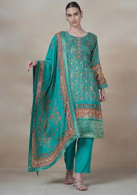 Green Floral Print Embellished Kurta Set With Dupatta And Pants