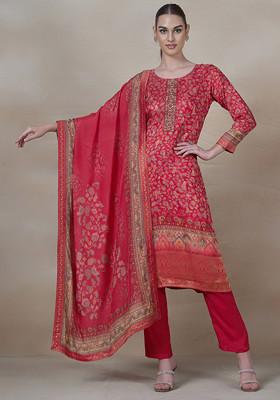 Red Floral Print Embellished Kurta Set With Dupatta And Pants