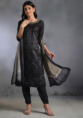 Black Printed Kurta Set With Pants And Printed Dupatta