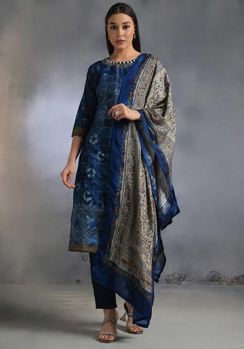 Blue Paisley Print Kurta Set With Pants And Printed Dupatta