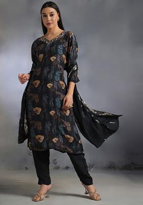 Black Floral Print Kurta Set With Pants And Embellished Dupatta