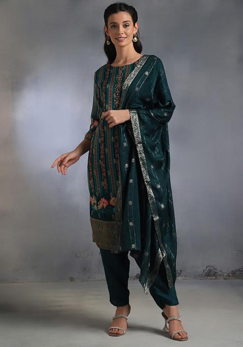 Green Floral Print Bead Embellished Kurta Set With Pants And Dupatta