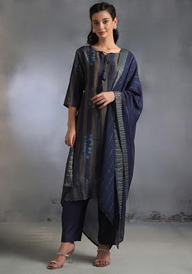 Blue Floral Print Kurta Set With Pants And Dupatta