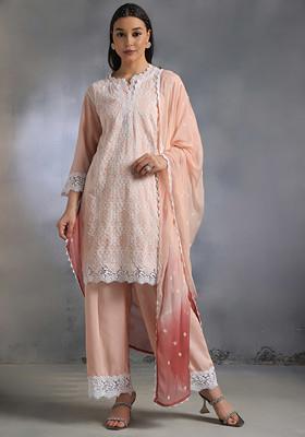 Peach Embroidered Kurta Set With Pants And Embroidered Dupatta