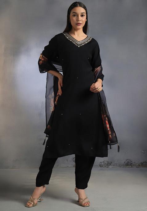 Black Sequin Embellished Kurta Set With Pants And Floral Print Dupatta