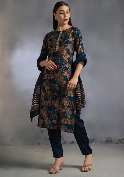 Blue Floral Print Sequin Embellished Kurta Set With Pants And Dupatta