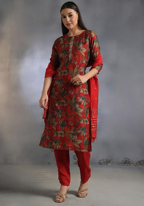 Red Floral Sequin Embellished Kurta Set With Pants And Embellished Dupatta