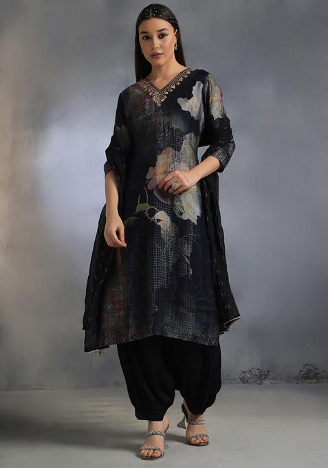 Blue Floral Print Embellished Kurta Set With Pants And Embellished Dupatta