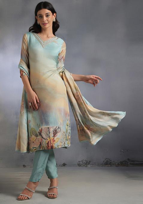 Blue Cutdana Bead Embellished Kurta Set With Pants And Printed Dupatta