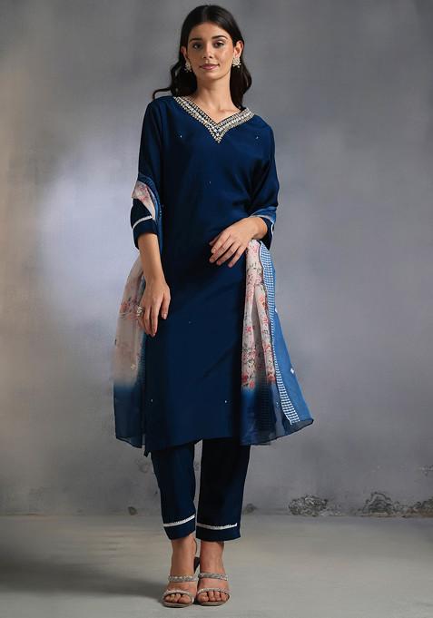 Navy Blue Bead Embellished Kurta Set With Pants And Printed Dupatta