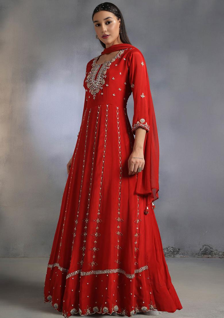 Red Floral Sequin Embellished Anarkali Kurta Set With Dupatta