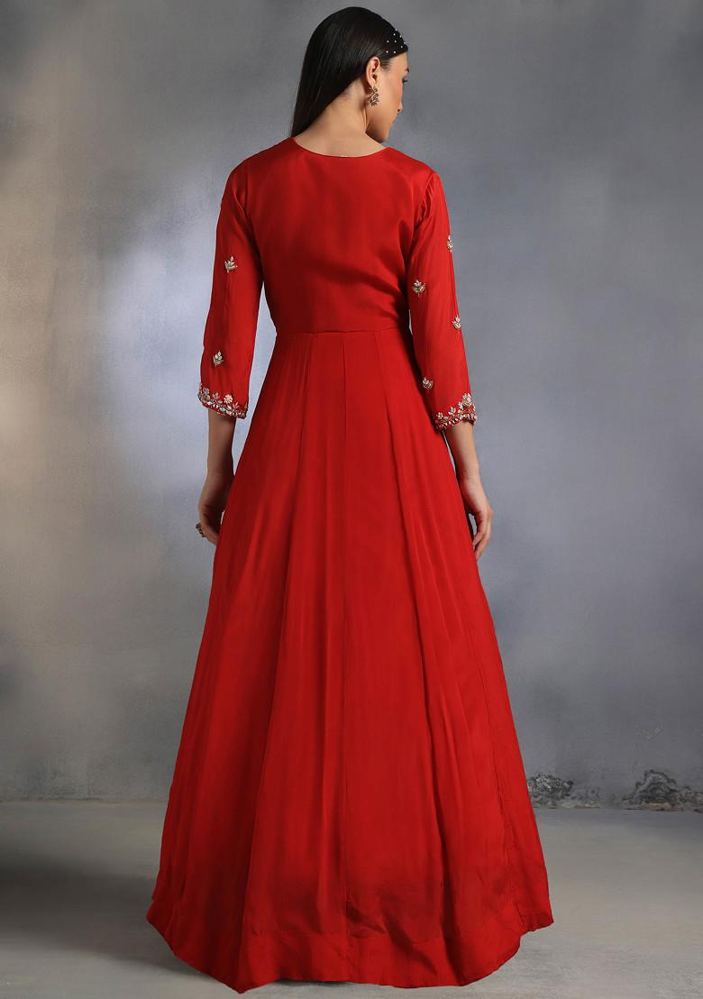 Red Floral Sequin Embellished Anarkali Kurta Set With Dupatta